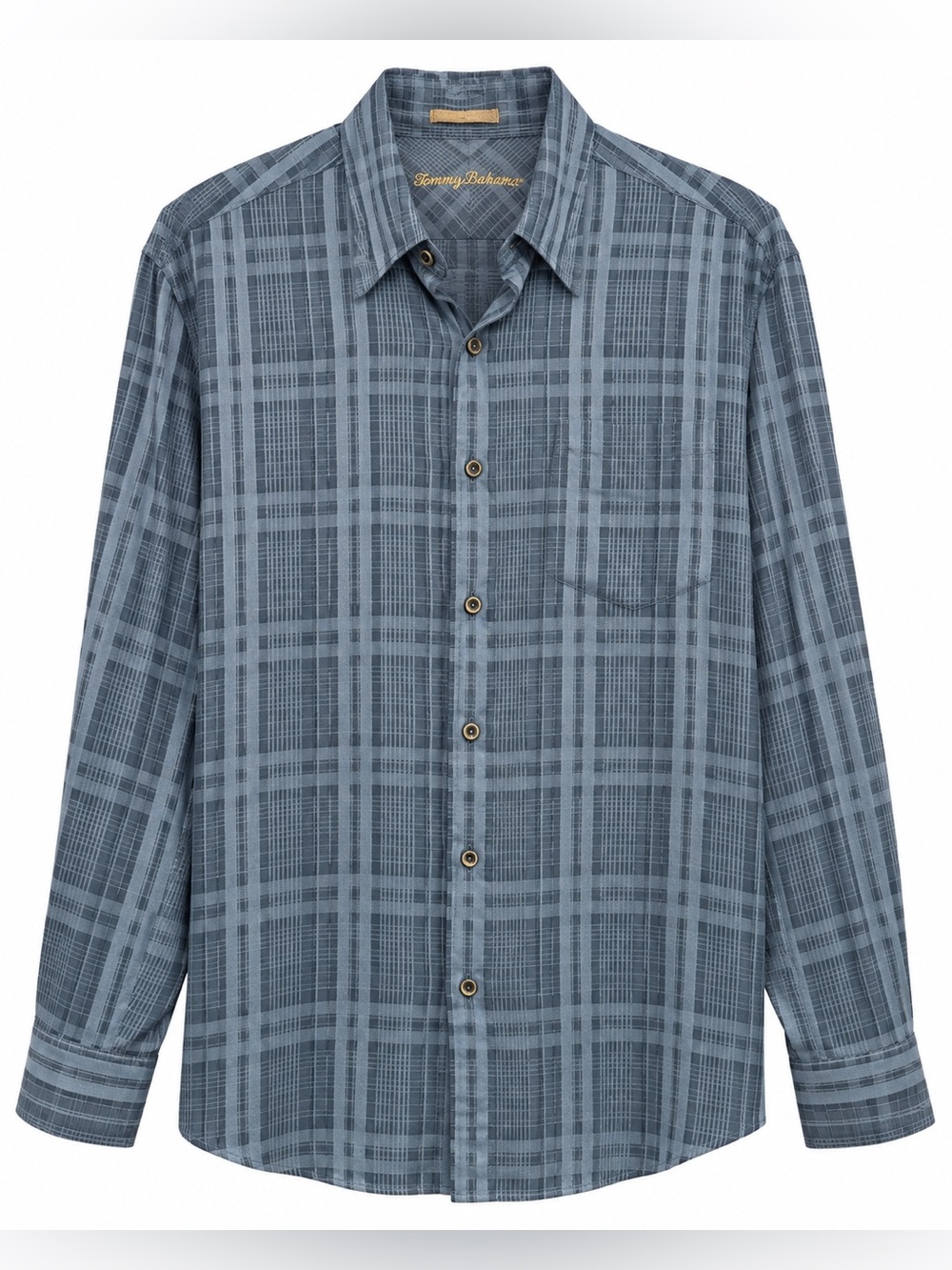 Tommy Bahama Mens L Silk Blend Checkered Shirt Blue Plaid Long Sleeve 81% Silk